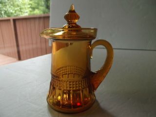 Antique Creamer Or Syrup Small Pitcher W/ Lid,  Cambridge Amber Glass Band Panel