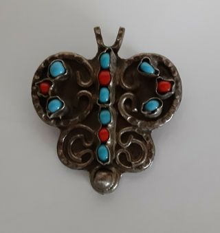 Vintage Taxco Mexico 925 Sterling Silver Turquoise & Coral Butterfly Pin Brooch