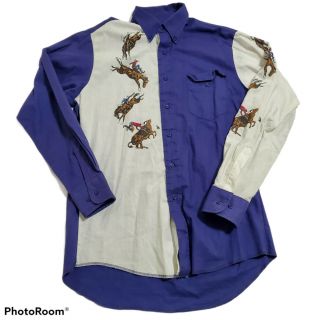 Vintage Wrangler Western Shirt Colorblock Cowboy Buckin Bronco Horse Bull Mens M