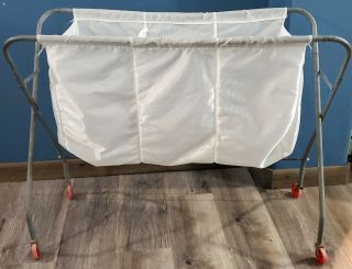 Vintage Rolling Laundry Basket Cart Clothes Hamper 3 Bin Folding Primitive Mcm