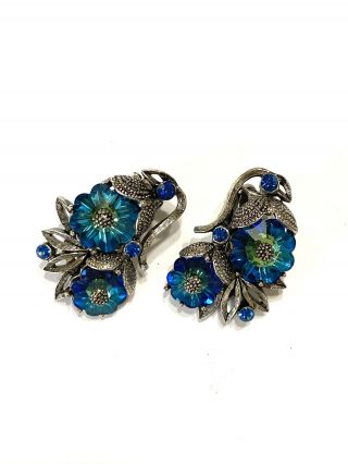 Vtg Signed Weiss Fauceted Blue Rhinestone Clip Earrings 24 - J403