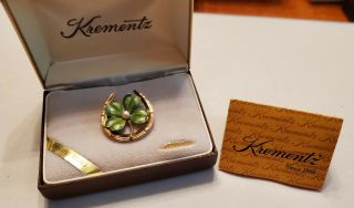 Vintage Krementz Horseshoe Enamel Shamrock 4 Leaf Clover Pin Brooch 14k Overlay