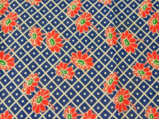 Vintage Cotton Printed Feedsack Quilt Fabric Blue Diamonds Red Daisies Sack