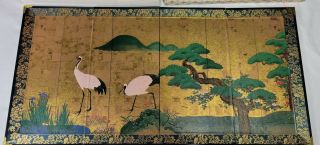 Vintage Japanese Hand Painted 4 Panel Folding Desk Screen Gold Leaf Background