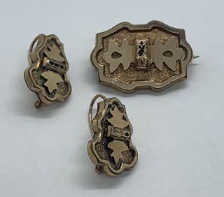 Antique Enamel Gold Rolled Or Filled Brooch & Similar Kidney Wire Hook Earrings