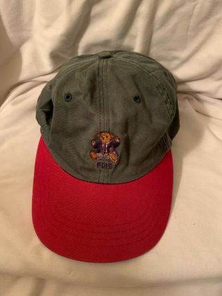 Vintage Ralph Lauren Teddy Bear Polo Strap Hat Cap Olive Green/red 90s