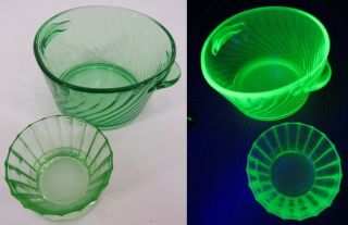 Green Uranium Glass X2 Casserole Bowl And Custard Dish Vintage Vaseline