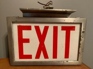 Vintage Heavy Metal Exit Sign Commercial Industrial Lighted Wires Top Mounted