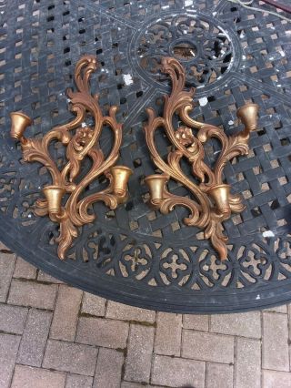 Vtg Syroco Wood 3 Arm Gold Bronze Wall Sconces Candle Holders Victorian Baroque