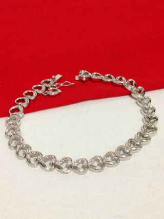 Vintage 925 China Signed Solid Sterling Silver Diamond Heart Link Bracelet 8.  25 "