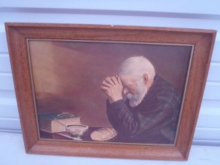 Vintage Grace Picture Framed Old Man Praying Before Meal 16 " X 12 "
