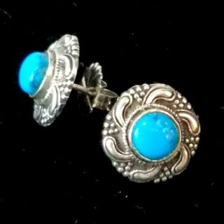 Vintage Signed Mexico Tm114 Sterling Silver Turquoise Pierced Earrings Taxco