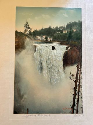 Early 1900s Hand Colored Photograph Snowqualmie Falls Wa Ej Evans Vintage Matted