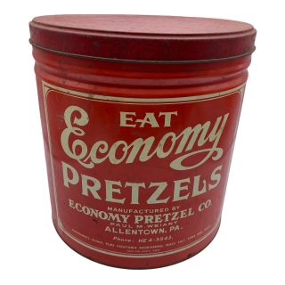 Vintage Advertising Tin.  Economy Pretzel Tin.  1960s/1970s.  Allentown,  Pa L 10.  5”