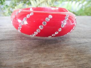 Vintage Red Plastic With Rhinestones Hinged Clamper Bracelet