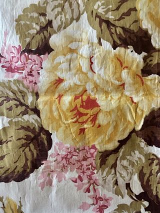 Antique Vintage English Cabbage Roses Floral Cotton Chintz Fabric Yellow Pink