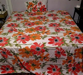 Vtg Vera Neumann Burlington Top Sheet 108x1150 Pillowcase Pink & Orange Flowers