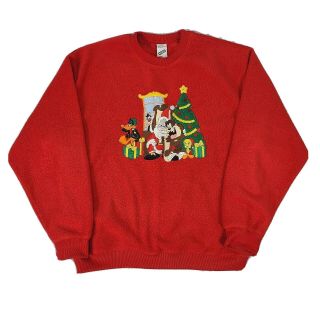 Vintage 1998 Looney Tunes Christmas Holiday Red Sweater Warner Bros Adult Large