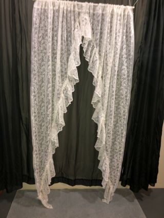Vintage White Lace Curtain Panels (2) 42 " X 82 " Long On One Side Ruffled