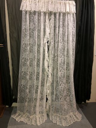 Vintage Ivory Lace Curtain Panels (2) 46 " X 84 " Long On One Side Ruffled