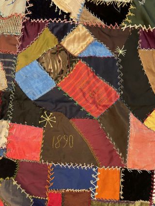Vintage 1890 INCREDIBLE Crazy Quilt 80 x 85 Embroidered Hand made Life Quilt Top 2