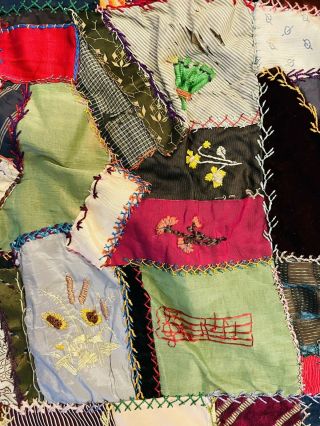 Vintage 1890 INCREDIBLE Crazy Quilt 80 x 85 Embroidered Hand made Life Quilt Top 3