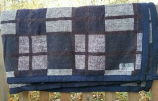 Vtg Corona Wool Blanket Plaid 76×88 Camp Navy Brown Check Trim