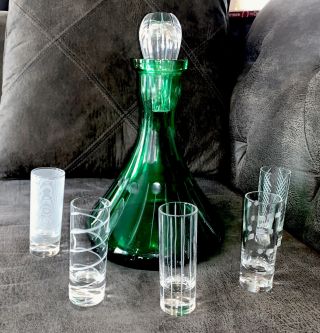 Vintage Bohemian Glass Decanter Cordial Set Emerald Green Cut To Clear Euc