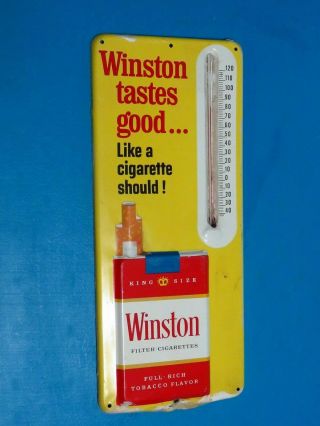 Vintage Winston Cigarettes Embossed Metal Thermometer Sign Tobacco Advertising