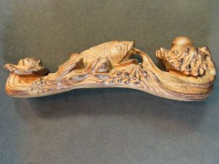 Vintage Chinese Hand Carved Wood Gold Fish Ru Yi