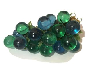 Vintage Blue Green Lucite Acrylic Grapes Cluster Leaves Driftwood Large 11” 60’s