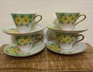 Set Of (4) Vintage Bareuther Bavaria Germany.  Yellow Flowered Tea Cup And Saucer