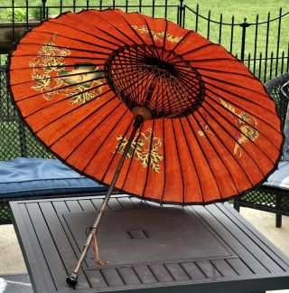 Vintage 33 " Bamboo Wood Parasol Umbrella Orange Butterfly & Flowers