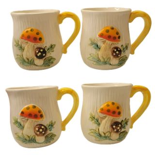 Set Of 4 Vintage 1976 Merry Mushroom Mugs Ceramic Cups Sears And Roebuck