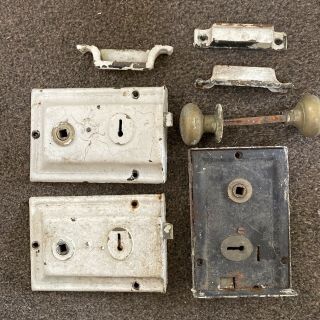 3 X Vintage Antique Internal Rim Door Locks Complete With Keeps,  1 Handle