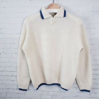 Vtg L.  L.  Bean Womens Sweater Size M Lambswool Angora Ivory Blue Trim Preppy Euc
