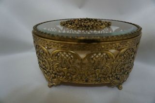 Vintage Gold Ormolu Jewelry Box Beveled Glass Hinged Lid Oval Footed Retro Brass