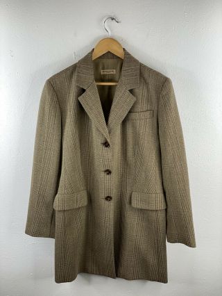 Vintage Headquarters Sydney Womens Long Wool Overcoat Size 14 Brown Tweed Button