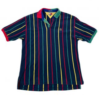 Vintage 90s Tommy Hilfiger Mens Xl Multi Color Striped Polo Shirt Streetwear