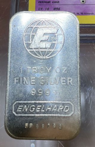 Vintage Engelhard ' Large E in Globe ' 1 Ounce.  999 Fine Silver Bar S/N 27367 2