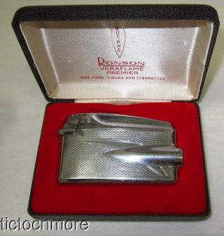 Vintage Ronson Varaflame Premier Butane Lighter Art Deco W/ Box Case