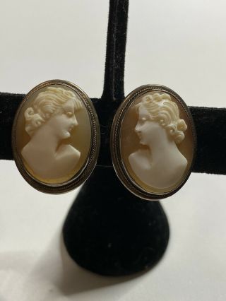 Antique Vintage Art Deco Sterling Silver Carved Shell Cameo Screw Back Earrings