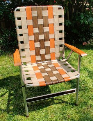 Vintage Webbed Aluminum Lawn Chair - Brown Orange Tan With Wood Arms Solid