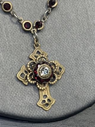 Vintage Liz Palacios S.  F.  Necklace Deep Red Crystal Cross Pendant Silver Brass