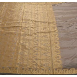 Sanskriti Vintage Grey Heavy Saree Blend Silk Fabric Woven Baluchari Sari Blouse 2
