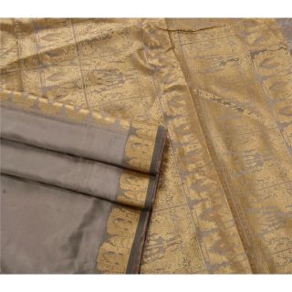 Sanskriti Vintage Grey Heavy Saree Blend Silk Fabric Woven Baluchari Sari Blouse 3