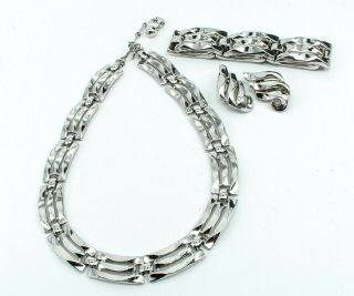 Vintage Trifari Signed Silver Tone Necklace Bracelet & Clip On Earrings Set