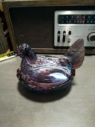 Vintage Large Purple & White Slag Glass Covered Chicken Hen On Nest