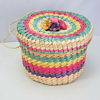 Vintage Woven Basket With Lid And Handle Colorful Round Storage Bamboo Rattan