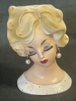 Vintage Norleans 4 " Headvase Lady Head Vase With Pearl Earrings,  Vivid Red Lips